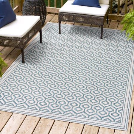 JONATHAN Y Lighting Santa Monica 7-3/4' x 10' Polypropylene Geometric, Solid, and Vintage Indoor/Outdoor Area Rug Teal / Gray