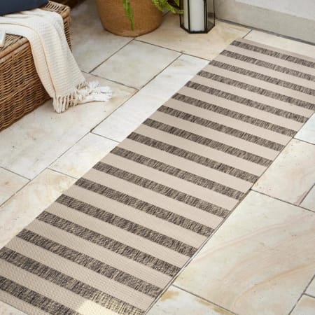 JONATHAN Y Lighting Santa Monica 2-1/4' x 10' Polypropylene Striped Indoor / Outdoor Rectangle Area Rug Beige / Brown