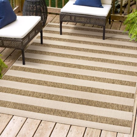 JONATHAN Y Lighting Santa Monica 4' x 6' Polypropylene Striped Indoor/Outdoor Area Rug Beige / Brown