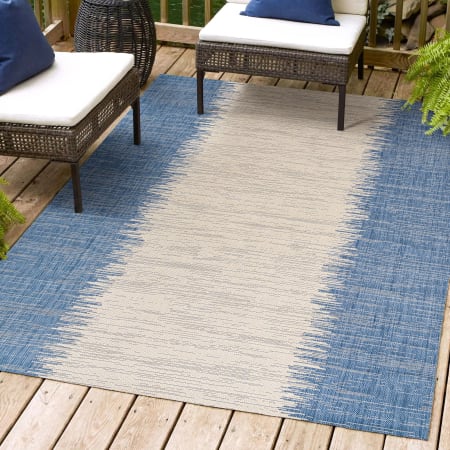 JONATHAN Y Lighting Santa Monica 5-1/4' x 7-1/2' Polypropylene Solid and Striped Indoor/Outdoor Area Rug Blue / Beige