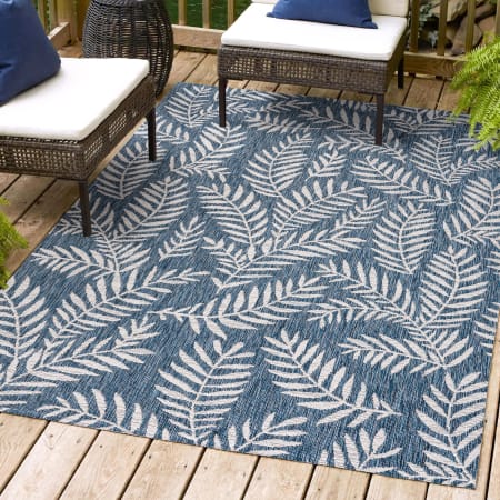 JONATHAN Y Lighting Santa Monica 7-3/4' x 10' Polypropylene Botanical Indoor/Outdoor Rectangular Area Rug Blue / Ivory