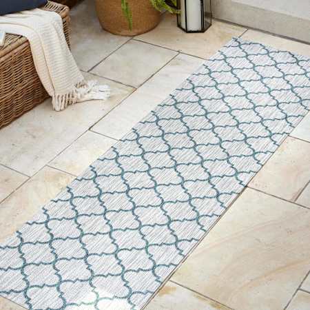 JONATHAN Y Lighting Santa Monica 2-1/4' x 10' Polypropylene Moroccan & Tribal and Trellis Indoor/Outdoor Runner Gray / Teal