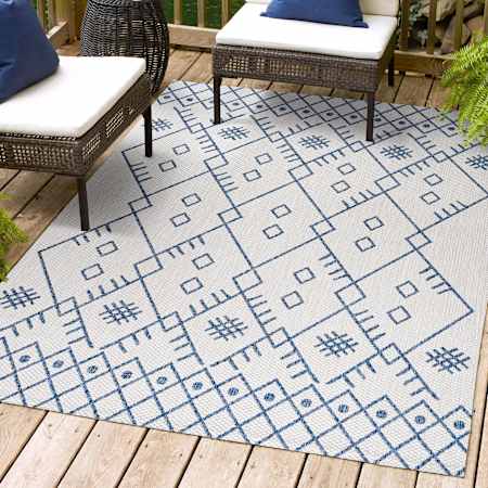 JONATHAN Y Lighting SANTA MONICA 7-3/4' x 10' Polypropylene Moroccan & Tribal Indoor/Outdoor Area Rug White / Navy