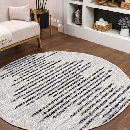JONATHAN Y Lighting Santa Monica 3' x 3' Geometric, Moroccan & Tribal, and Striped Indoor/Outdoor Round Area Rug Ivory / Black