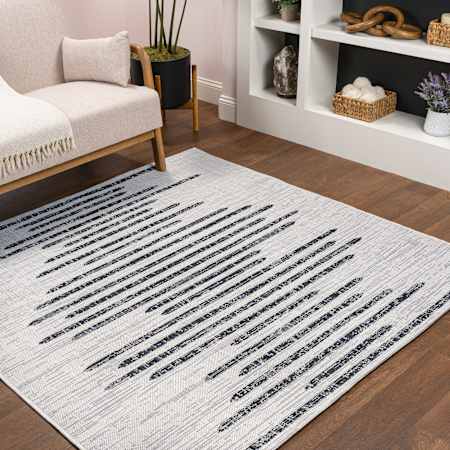 JONATHAN Y Lighting Santa Monica 7-3/4' x 7-3/4' Geometric, Moroccan & Tribal, and Striped Indoor/Outdoor Square Area Rug Ivory / Black