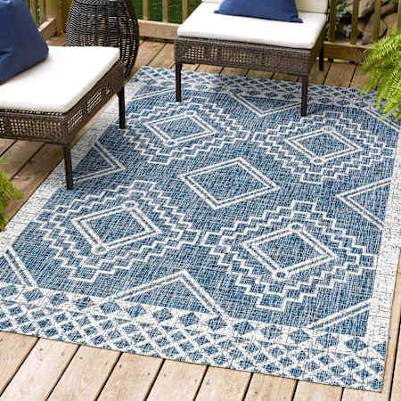 JONATHAN Y Lighting Santa Monica 7-3/4' x 10' Polypropylene Geometric and Moroccan & Tribal Indoor/Outdoor Area Rug Blue / Ivory
