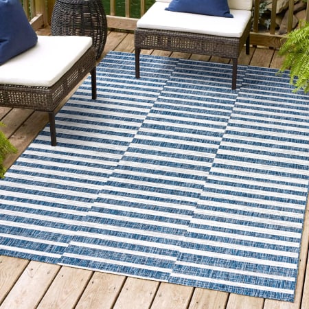 JONATHAN Y Lighting Santa Monica 3' x 5' Polypropylene Striped, Transitional Indoor / Outdoor Rectangle Area Rug Blue / Ivory