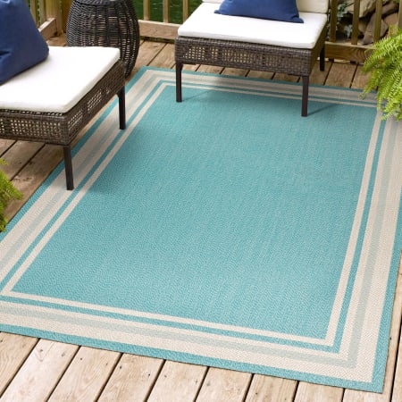 JONATHAN Y Lighting Santa Monica 7-3/4' x 10' Polypropylene Solid Indoor/Outdoor Rectangular Area Rug Aqua / Beige