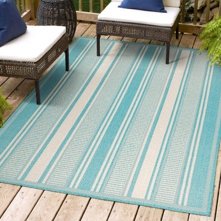 JONATHAN Y Lighting Santa Monica 7-3/4' x 10' Polypropylene Striped Indoor/Outdoor Rectangular Area Rug Aqua / Beige