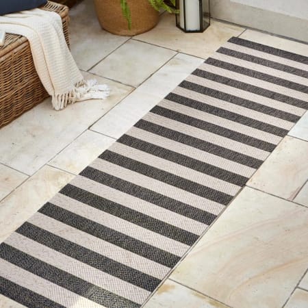 JONATHAN Y Lighting 2' x 8' Polypropylene Striped Indoor/Outdoor Rectangular Area Rug Black / Beige