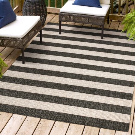 JONATHAN Y Lighting Santa Monica 7-3/4' x 10' Polypropylene Striped Indoor/Outdoor Rectangular Area Rug Black / Beige