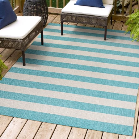 JONATHAN Y Lighting 8' x 10' Polypropylene Striped Indoor/Outdoor Rectangular Area Rug Aqua / Cream