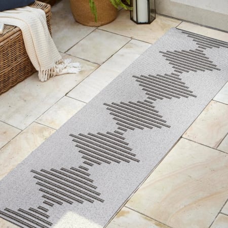 JONATHAN Y Lighting Santa Monica 2' x 8' Polypropylene Geometric, Moroccan & Tribal, and Striped Indoor/Outdoor Runner Light Gray / Black