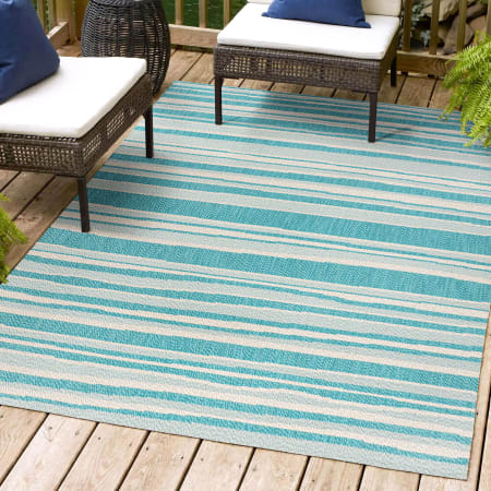 JONATHAN Y Lighting 4' x 6' Polypropylene Striped Indoor/Outdoor Rectangular Area Rug Aqua / Cream