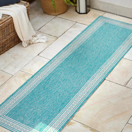 JONATHAN Y Lighting Santa Monica 2' x 8' Polypropylene Border Indoor/Outdoor Runner Aqua / Light Gray