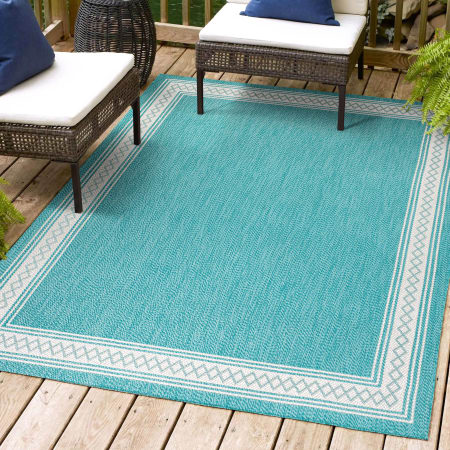 JONATHAN Y Lighting 5' x 8' Polypropylene Border Indoor/Outdoor Rectangular Area Rug Aqua / Light Gray