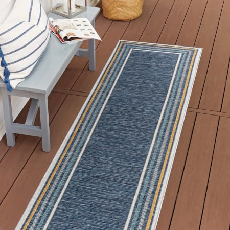 JONATHAN Y Lighting Savannah 2' x 8' Polypropylene Border and Geometric Indoor/Outdoor Runner Cream / Navy