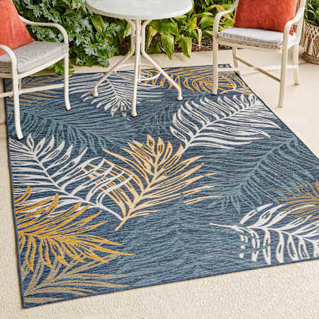 JONATHAN Y Lighting Savannah 7-3/4' x 10' Polypropylene Palm Leaves and Paisley Indoor/Outdoor Rectangular Area Rug Cream / Navy