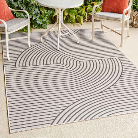 JONATHAN Y Lighting Savannah 3-1/4' x 5' Polypropylene Abstract and Striped Indoor/Outdoor Rectangular Area Rug Dark Gray / Cream