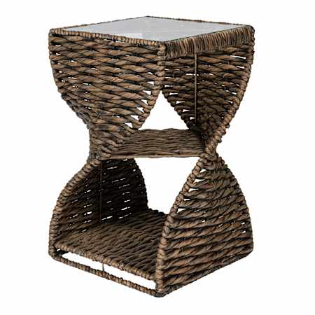 JONATHAN Y Lighting Suraya 15" Square Glass Top Metal and Water Hyacinth Table Brown