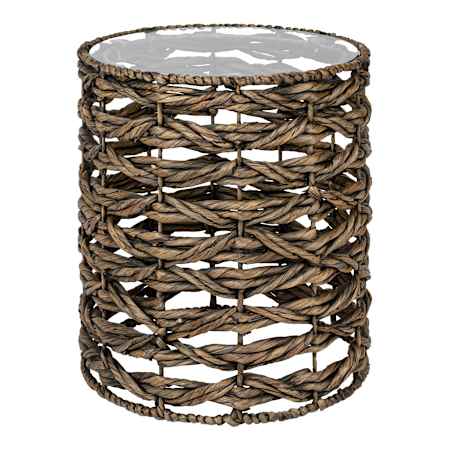 JONATHAN Y Lighting Malaya 17" Diameter Glass Top Metal and Water Hyacinth Table Brown