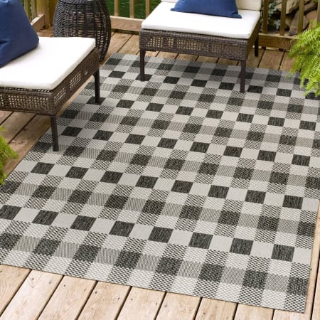 JONATHAN Y Lighting Tuscan Sun 7-3/4' x 10' Polypropylene Geometric and Plaid Indoor/Outdoor Area Rug Black / Cream
