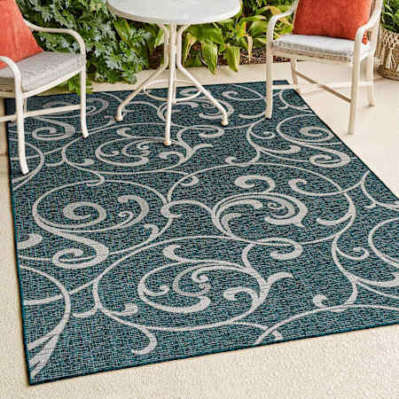 JONATHAN Y Lighting Tuscan Sun 5-1/4' x 7-1/2' Polypropylene Botanical and Paisley Indoor/Outdoor Area Rug Turquoise / Cream