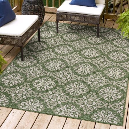 JONATHAN Y Lighting Tuscan Sun 7-3/4' x 10' Flowers, Traditional, Trellis, and Vintage Indoor/Outdoor Rectangular Area Rug Green / Cream