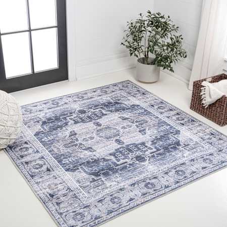 JONATHAN Y Lighting Washable 5-1/4' x 5-1/4' Border Indoor Square Area Rug Navy / Cream