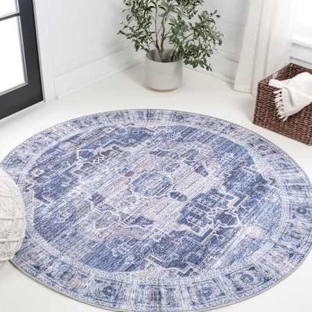 JONATHAN Y Lighting Washable 6' x 6' Border Indoor Round Area Rug Navy / Cream