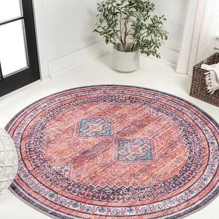 JONATHAN Y Lighting Washable 5-1/4' x 5-1/4' Border and Geometric Indoor Round Area Rug Terracotta / Navy