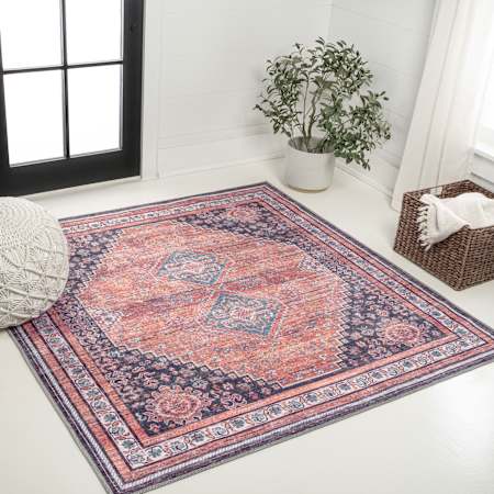 JONATHAN Y Lighting Washable 7-3/4' x 7-3/4' Border and Geometric Indoor Square Area Rug Terracotta / Navy