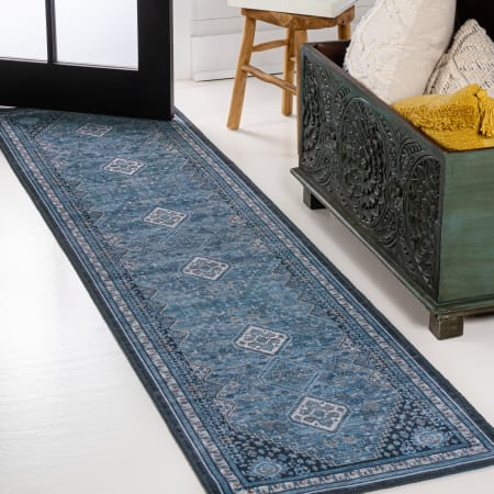 JONATHAN Y Lighting Washable 2' x 8' Chenille Geometric Indoor Runner Blue / Gray