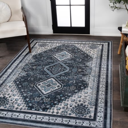 JONATHAN Y Lighting Washable 7-3/4' x 10' Chenille Geometric Indoor Area Rug Navy / Light Gray