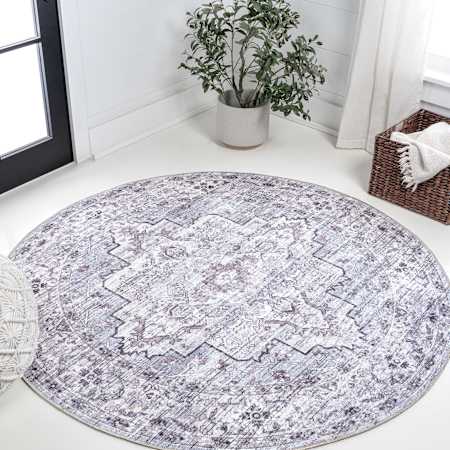 JONATHAN Y Lighting Washable 5-1/4' x 5-1/4' Border Indoor Round Area Rug Gray / Purple