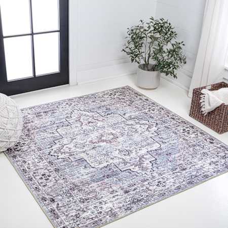 JONATHAN Y Lighting Washable 5-1/4' x 5-1/4' Border Indoor Square Area Rug Gray / Purple