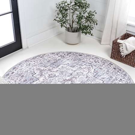 JONATHAN Y Lighting Washable 7-3/4' x 7-3/4' Border Indoor Round Area Rug Gray / Purple
