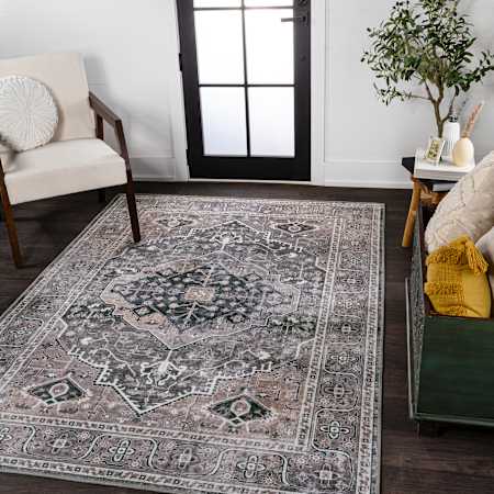 JONATHAN Y Lighting Washable 4' x 6' Chenille Vintage Indoor Area Rug Dark Green / Dark Beige