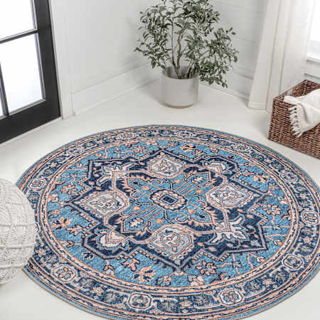 JONATHAN Y Lighting Washable 6' x 6' Border Indoor Round Area Rug Blue / Beige