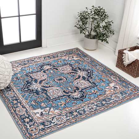 JONATHAN Y Lighting Washable 7-3/4' x 7-3/4' Border Indoor Square Area Rug Blue / Beige