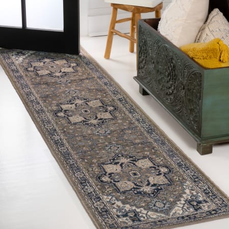 JONATHAN Y Lighting Washable 2' x 8' Chenille Vintage Indoor Runner Green / Navy / Cream