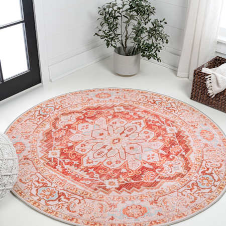 JONATHAN Y Lighting Washable 6' x 6' Border Indoor Round Area Rug Orange / Cream