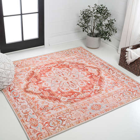 JONATHAN Y Lighting Washable 7-3/4' x 7-3/4' Border Indoor Square Area Rug Orange / Cream