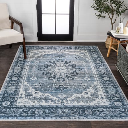 JONATHAN Y Lighting Washable 5-1/4' x 7-1/2' Chenille Vintage Indoor Area Rug Blue / Cream