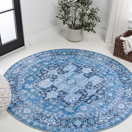 JONATHAN Y Lighting Washable 5-1/4' x 5-1/4' Border Indoor Round Area Rug Blue / Navy
