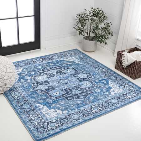 JONATHAN Y Lighting Washable 5-1/4' x 5-1/4' Border Indoor Square Area Rug Blue / Navy