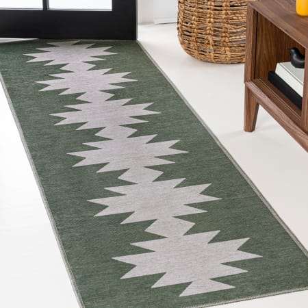 JONATHAN Y Lighting Washable 2' x 8' Polypropylene Geometric and Moroccan & Tribal Indoor Runner Dark Green / Light Gray