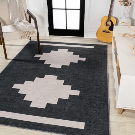 JONATHAN Y Lighting Washable 5-1/4' x 8' Polypropylene Geometric and Moroccan & Tribal Indoor Rectangular Area Rug Black / Ivory