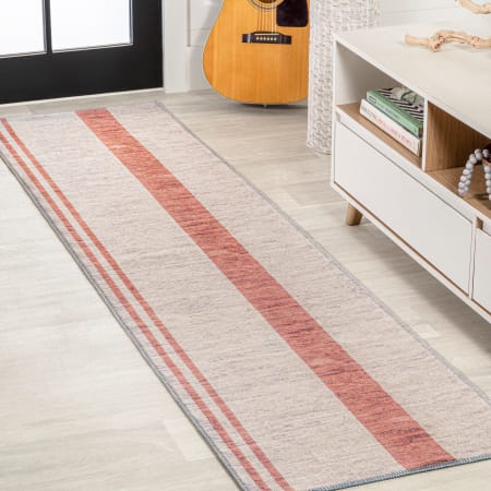 JONATHAN Y Lighting Washable 2' x 8' Polypropylene Striped Indoor Runner Ivory / Pink