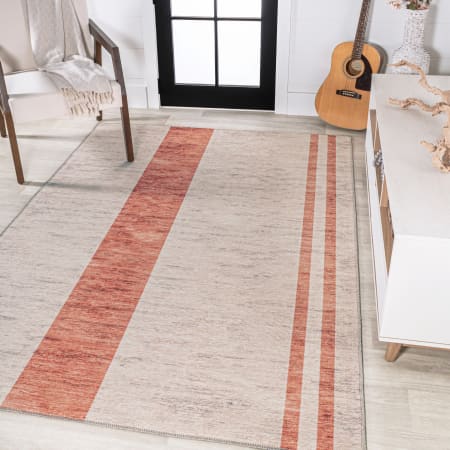 JONATHAN Y Lighting Washable 8-3/4' x 12' Polypropylene Striped Indoor Rectangular Area Rug Ivory / Pink